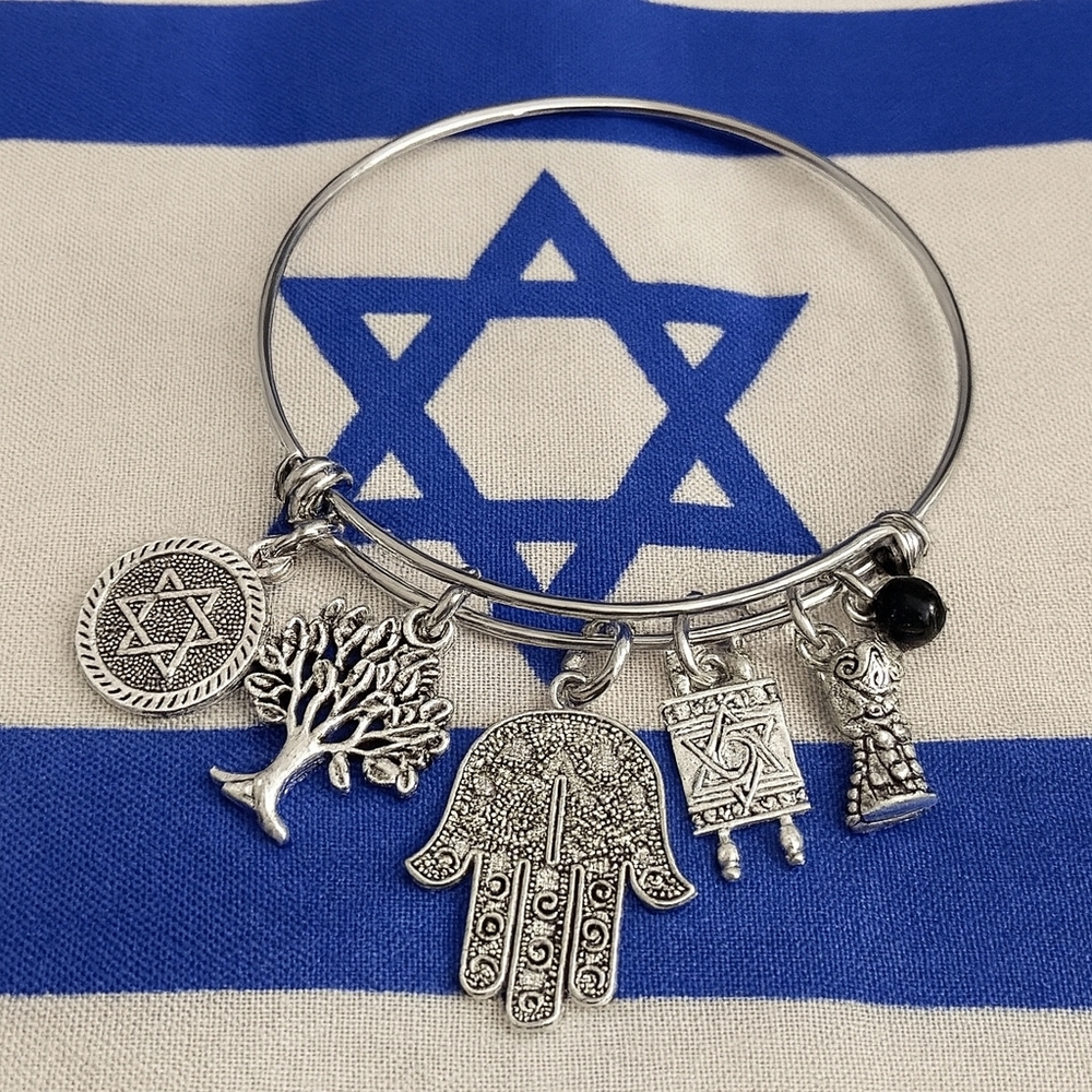 Handcreated Jewish Onyx Stainless Steel Charm Bracelet Expandable